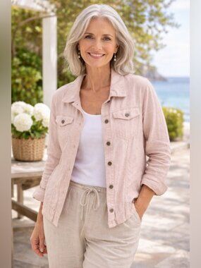 JNY Jones New York 100% Linen Trucker Jacket Blush Pink Button Front Size M